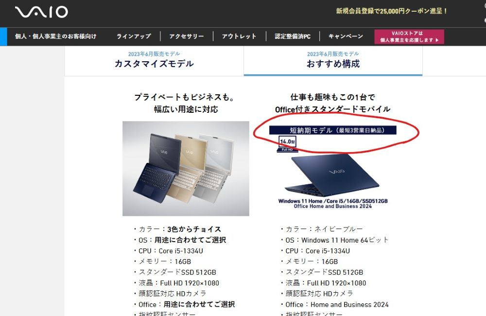 VAIO 短納期モデルの表示例